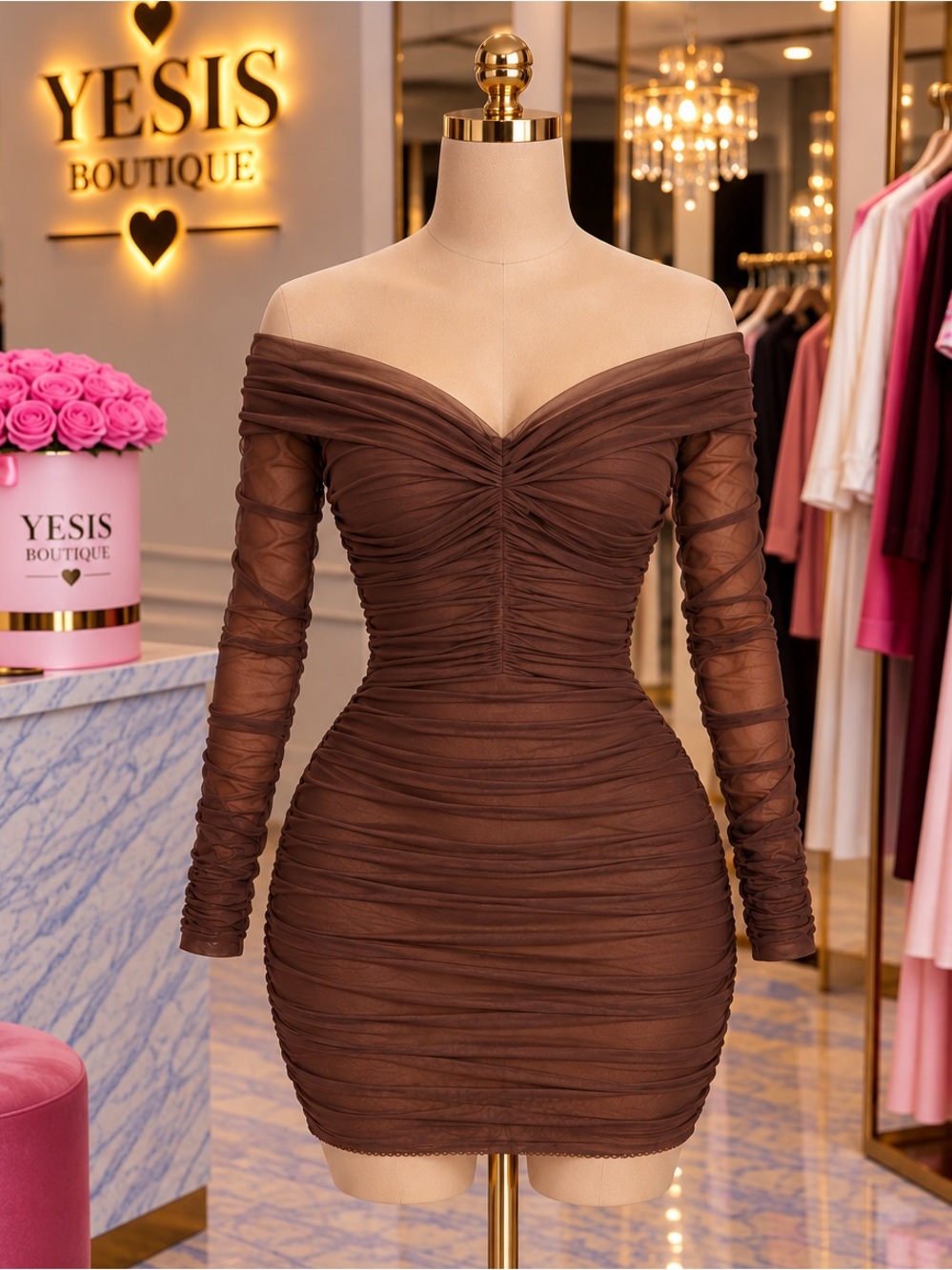 Fashion Nova Brown Off-Shoulder Ruched Mini Dress